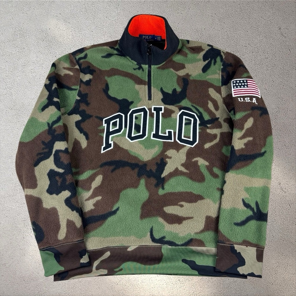 Polo Ralph Lauren CAMO 1/4 Zip Fleece Pullover Medium USA Flag Jacket